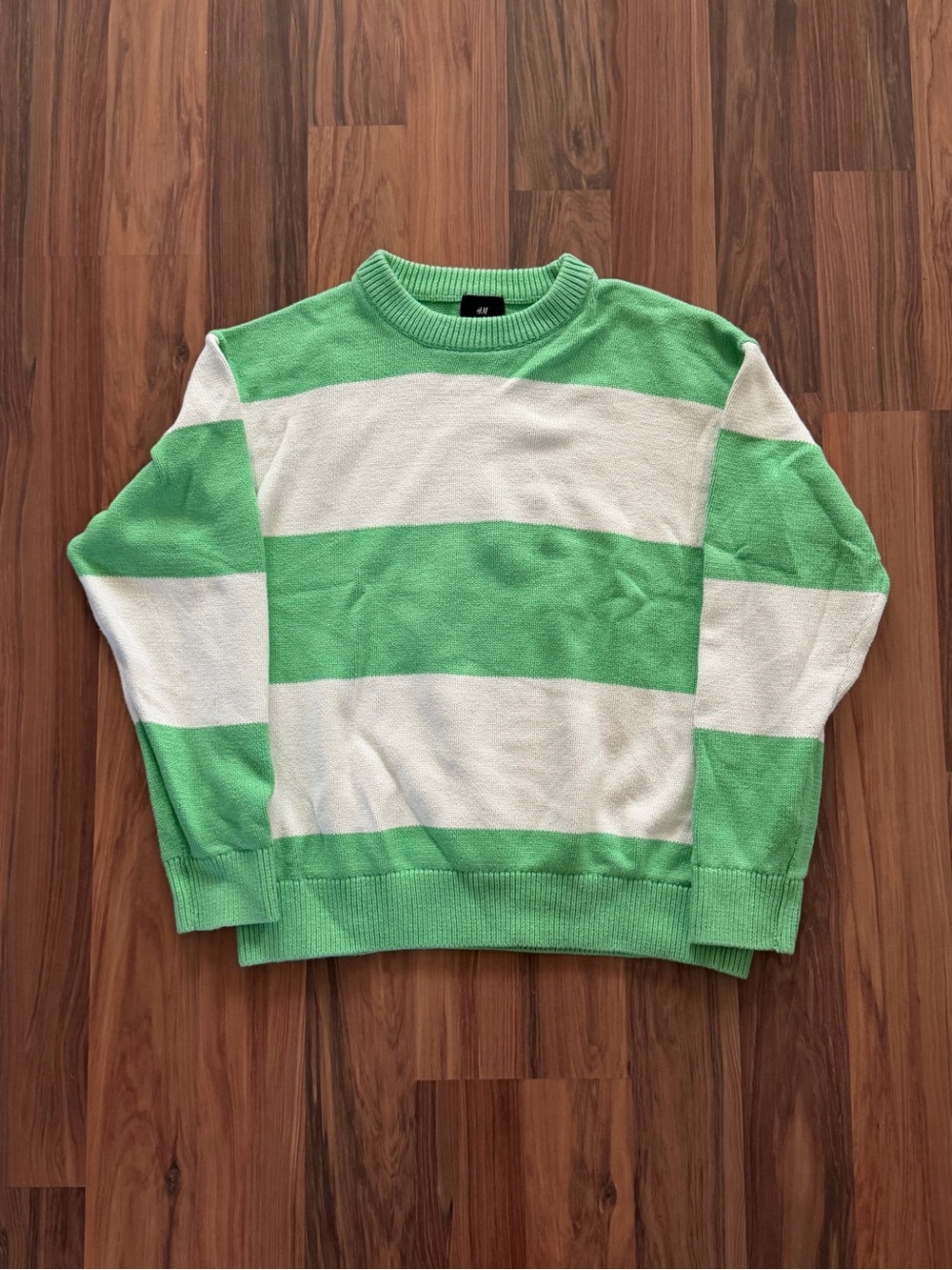 H&M Green and White Wide-Stripe Crewneck Sweater